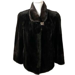 Black Sheared Mink Skin On Skin Fur Jacket Ranch Mink Fur Collar Size M Genuine